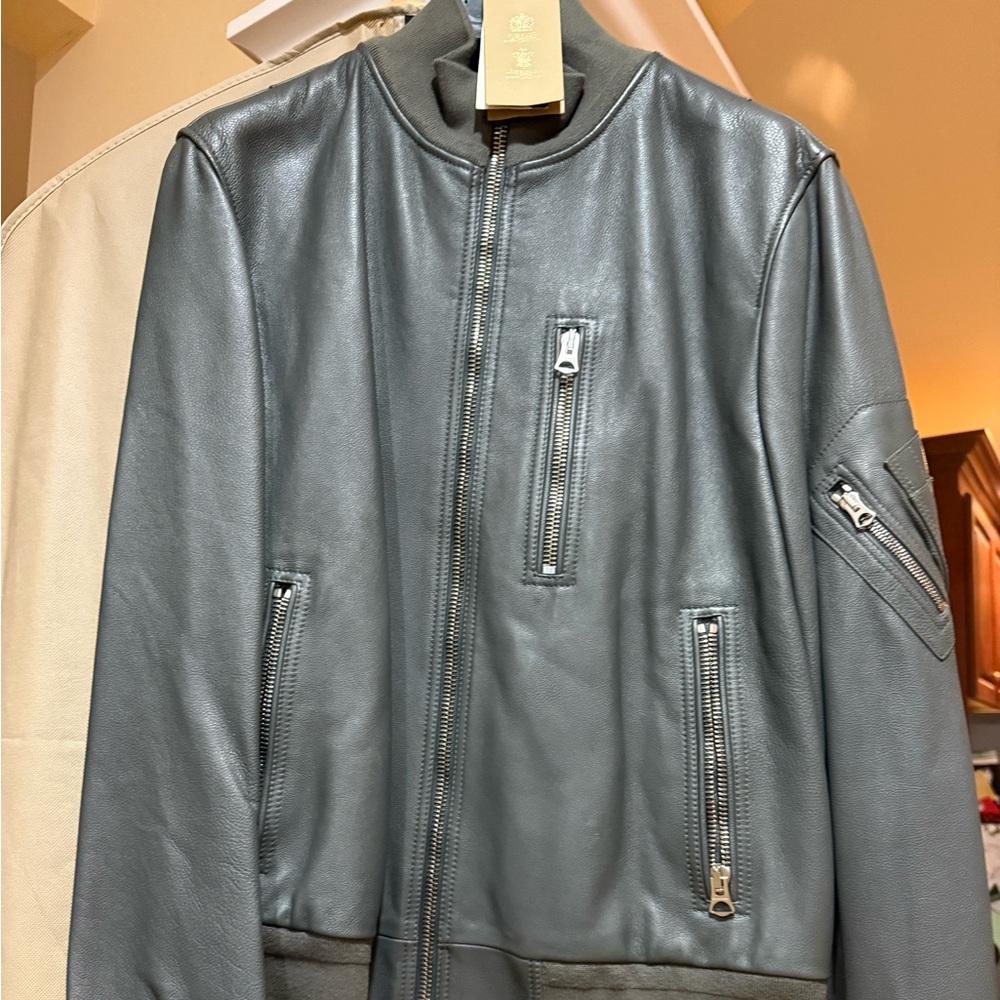 Burberry Dark Gray Leather Bomber Jacket